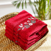 Araceli Embroidered Maroon Face Towel Set of 4